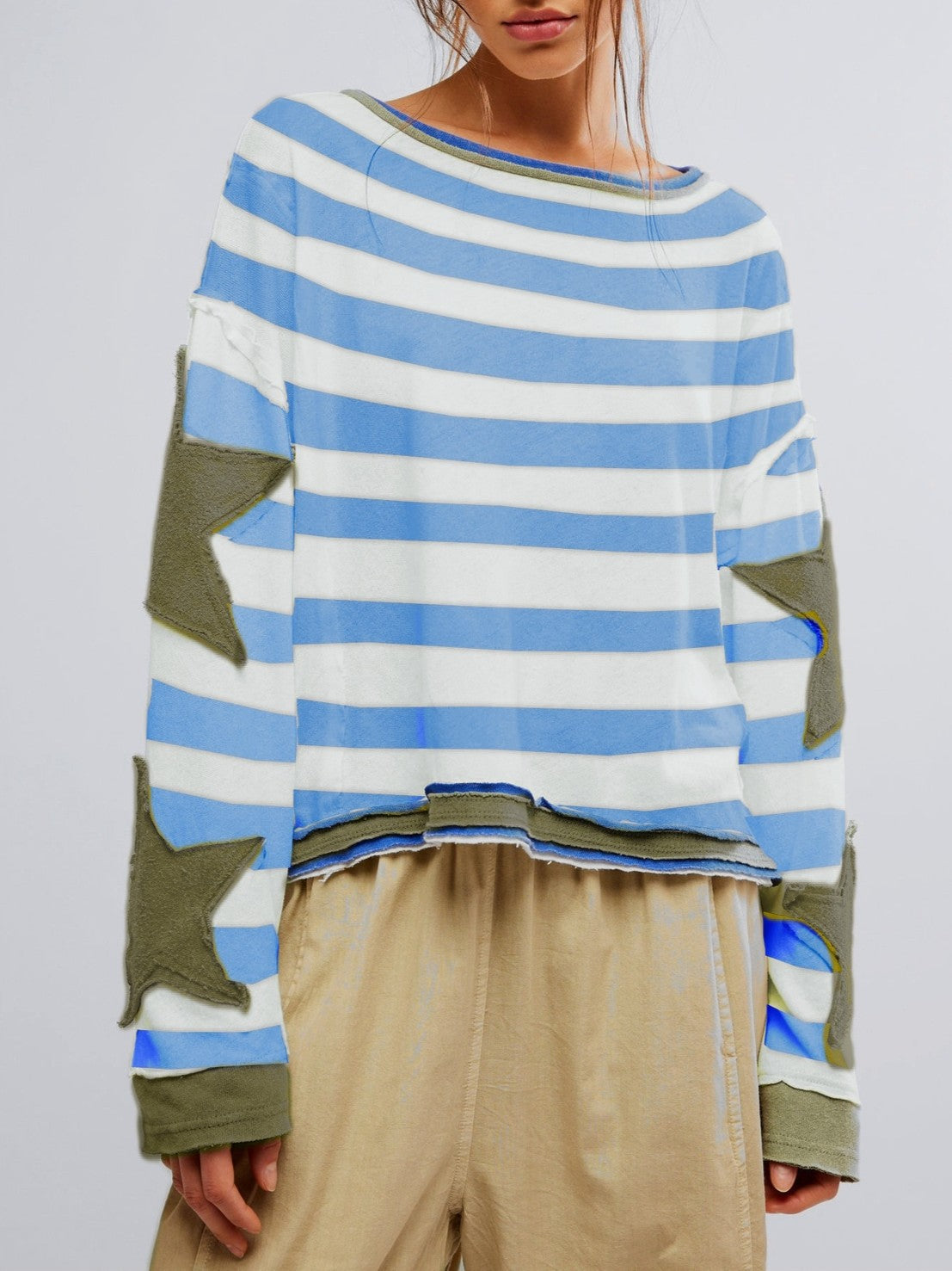Contrast Star Sleeve Oversized Crewneck Tee - Stripe02 - 2