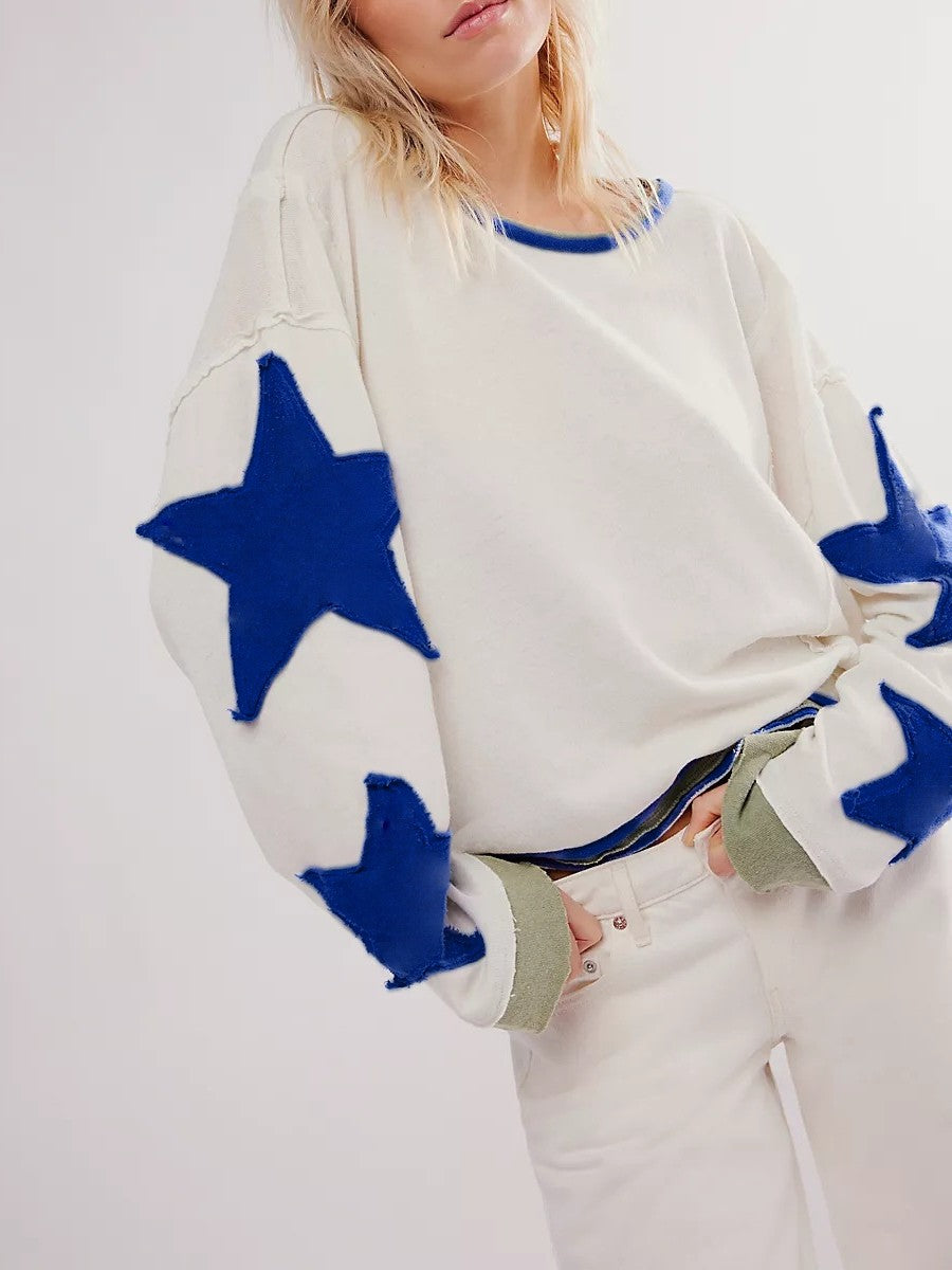 Contrast Star Sleeve Oversized Crewneck Tee - WhiteBlue