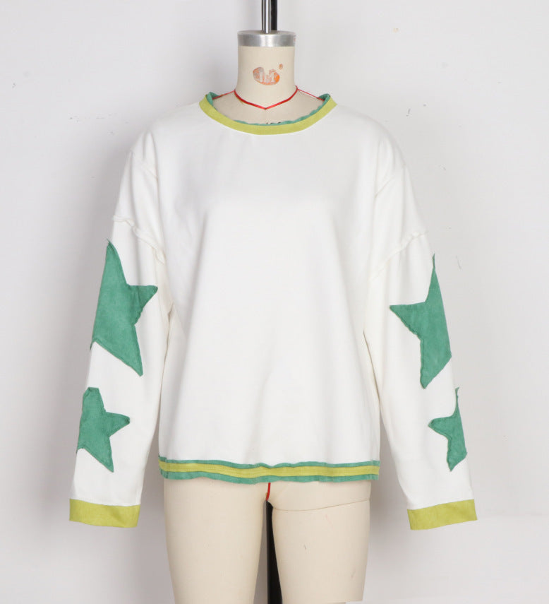 Contrast Star Sleeve Oversized Crewneck Tee - WhiteGreen
