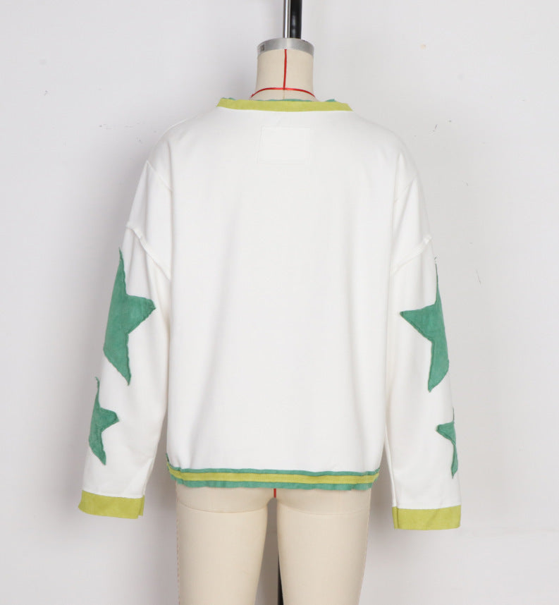 Contrast Star Sleeve Oversized Crewneck Tee - WhiteGreen - 1