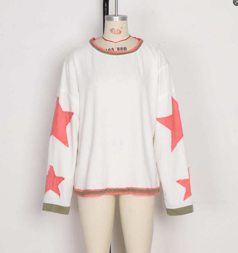 Contrast Star Sleeve Oversized Crewneck Tee - WhitePink