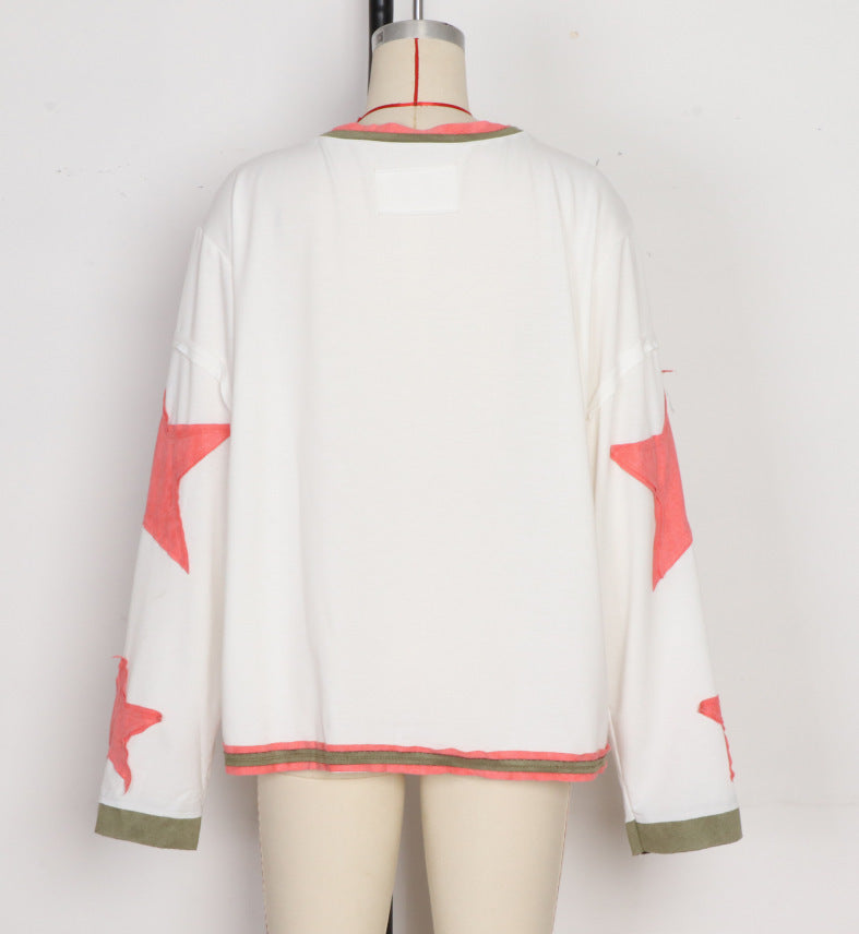 Contrast Star Sleeve Oversized Crewneck Tee - WhitePink - 1