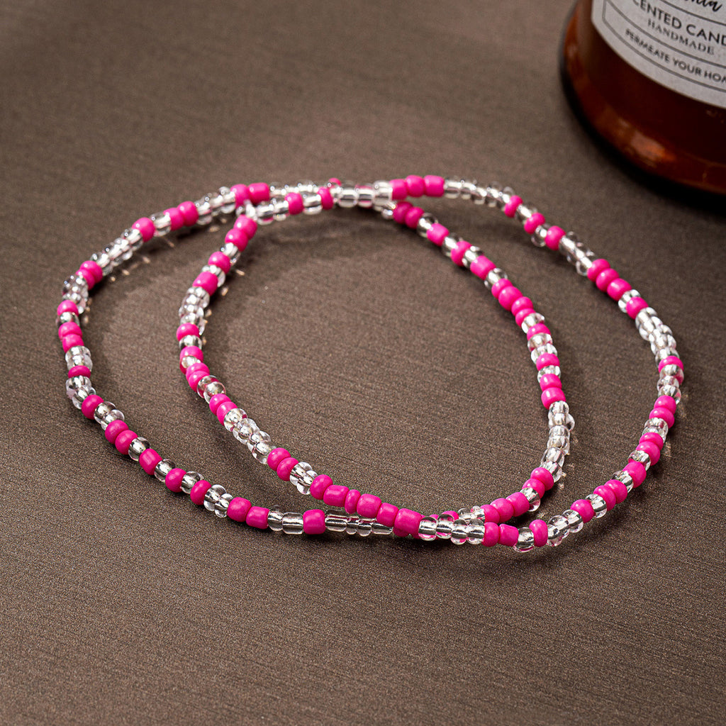 Boho Seed Bead Layered Anklet Set - Rose-Red