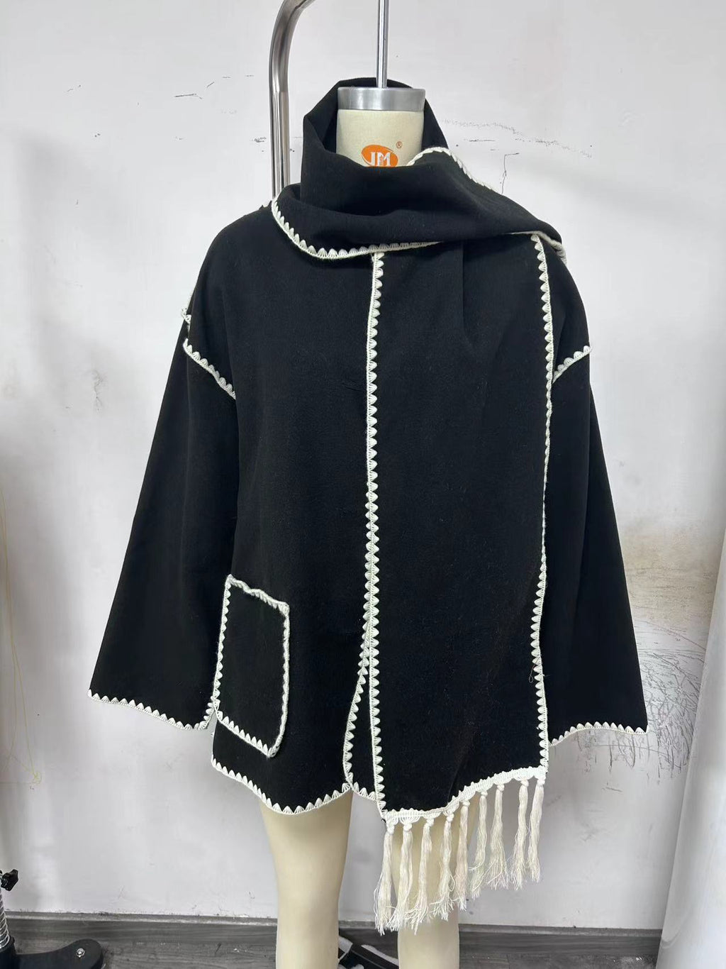 Fringed Scarf Collar Blanket Jacket - Black_W - 1