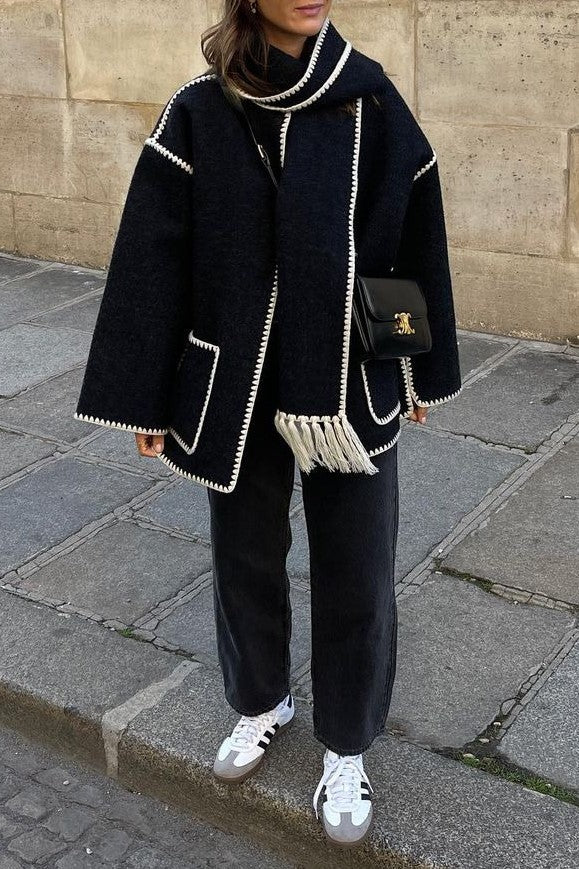 Fringed Scarf Collar Blanket Jacket - Black_W - 4