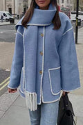Fringed Scarf Collar Blanket Jacket - Blue