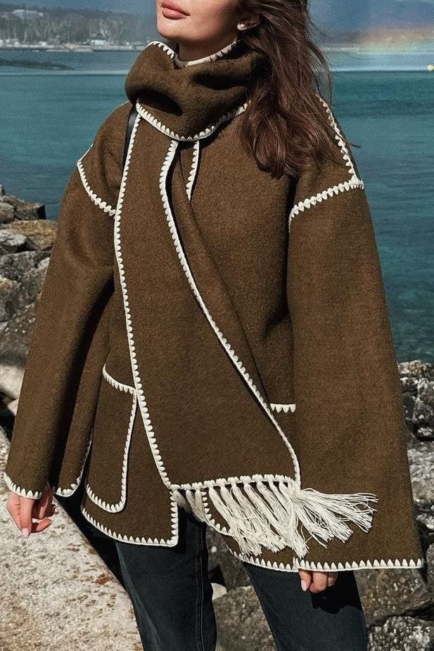 Fringed Scarf Collar Blanket Jacket - Brown