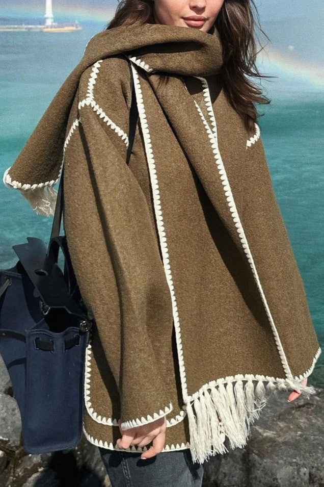 Fringed Scarf Collar Blanket Jacket - Brown - 1