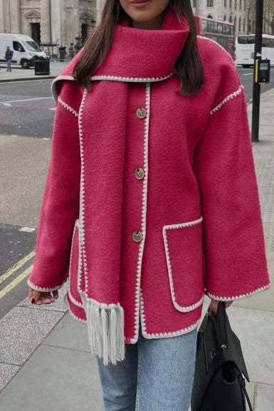 Fringed Scarf Collar Blanket Jacket - Fuchsia