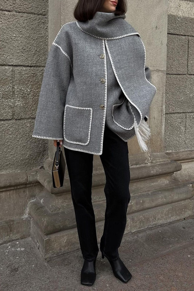 Fringed Scarf Collar Blanket Jacket - Grey