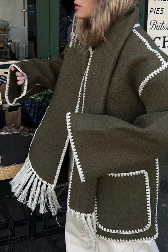 Fringed Scarf Collar Blanket Jacket - Olive