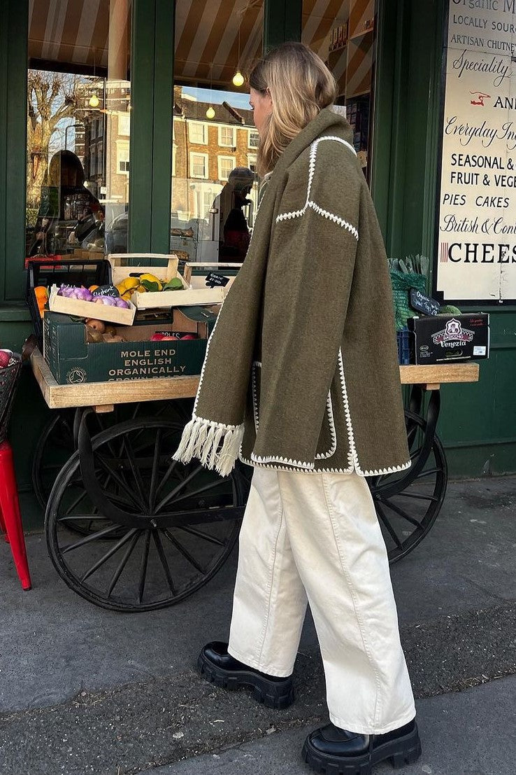 Fringed Scarf Collar Blanket Jacket - Olive - 1
