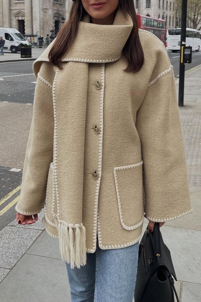 Fringed Scarf Collar Blanket Jacket - Tan