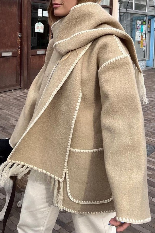 Fringed Scarf Collar Blanket Jacket - Tan - 1
