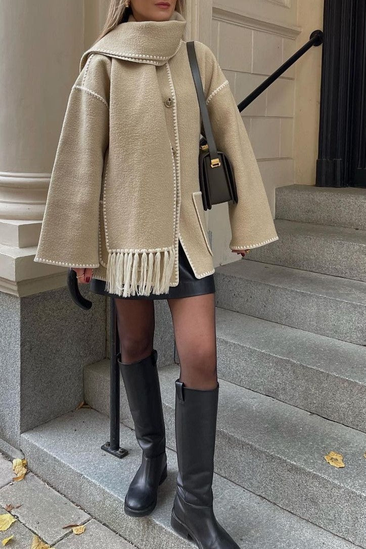 Fringed Scarf Collar Blanket Jacket - Tan - 2