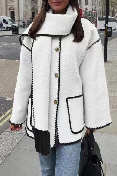 Fringed Scarf Collar Blanket Jacket - White
