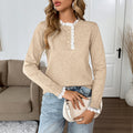 Lace Ruffle Trim Button Neck Knit Sweater - Khaki