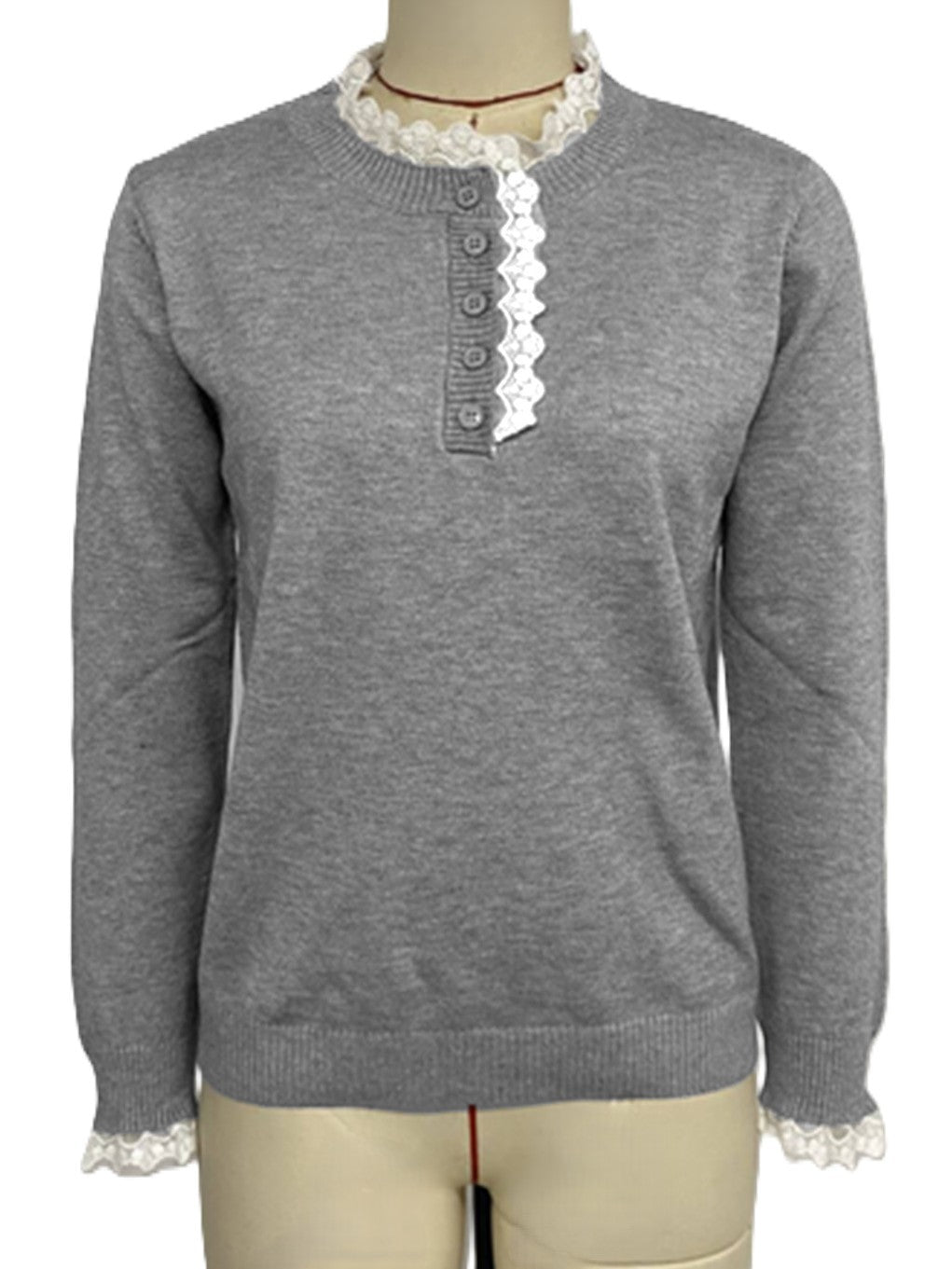 Lace Ruffle Trim Button Neck Knit Sweater