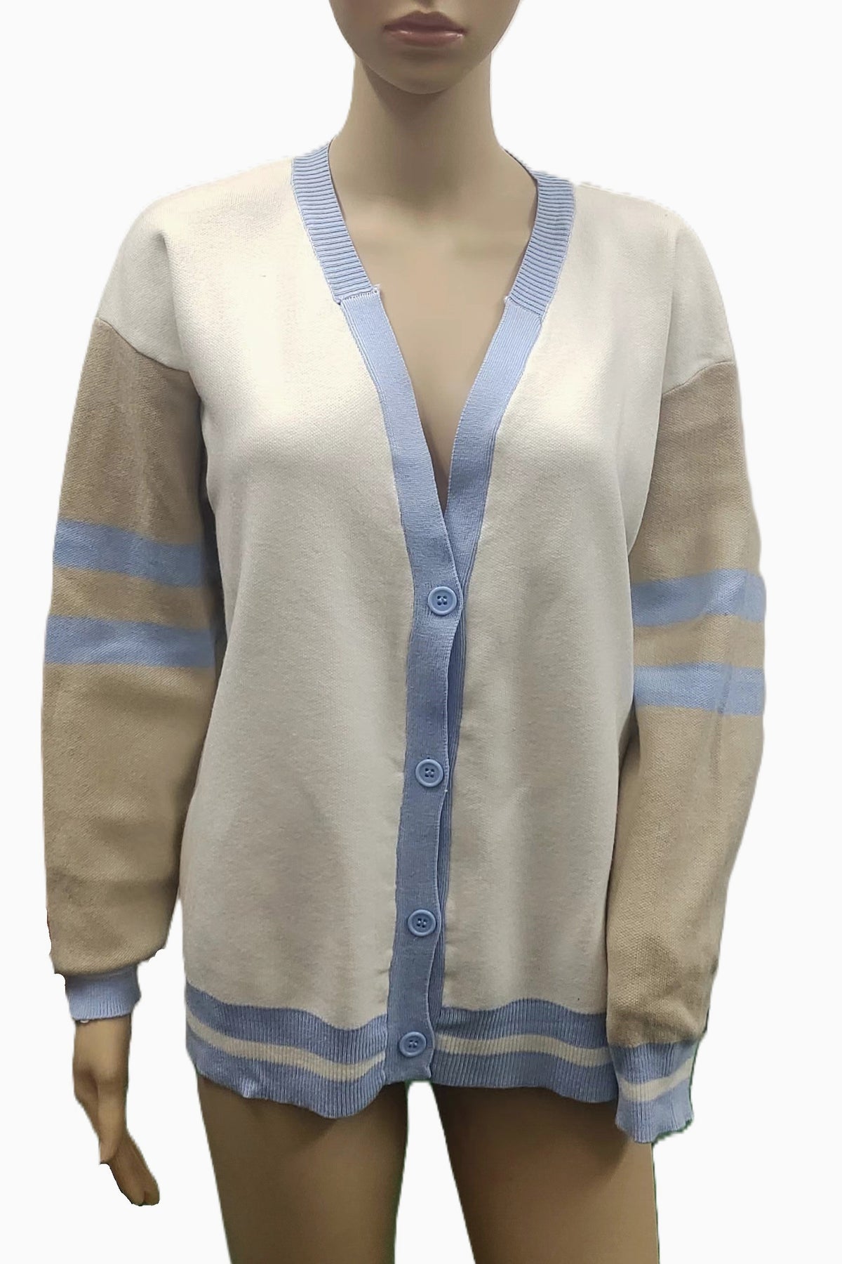 Varsity Stripe V Neck Knit Cardigan - Blue