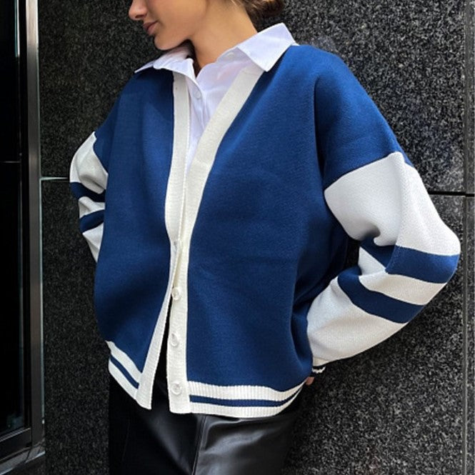 Varsity Stripe V Neck Knit Cardigan - DarkBlue