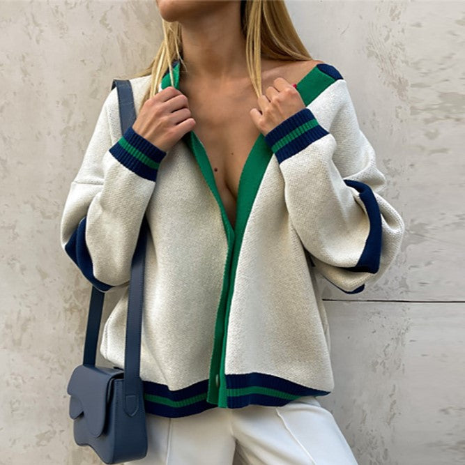 Varsity Stripe V Neck Knit Cardigan - Green