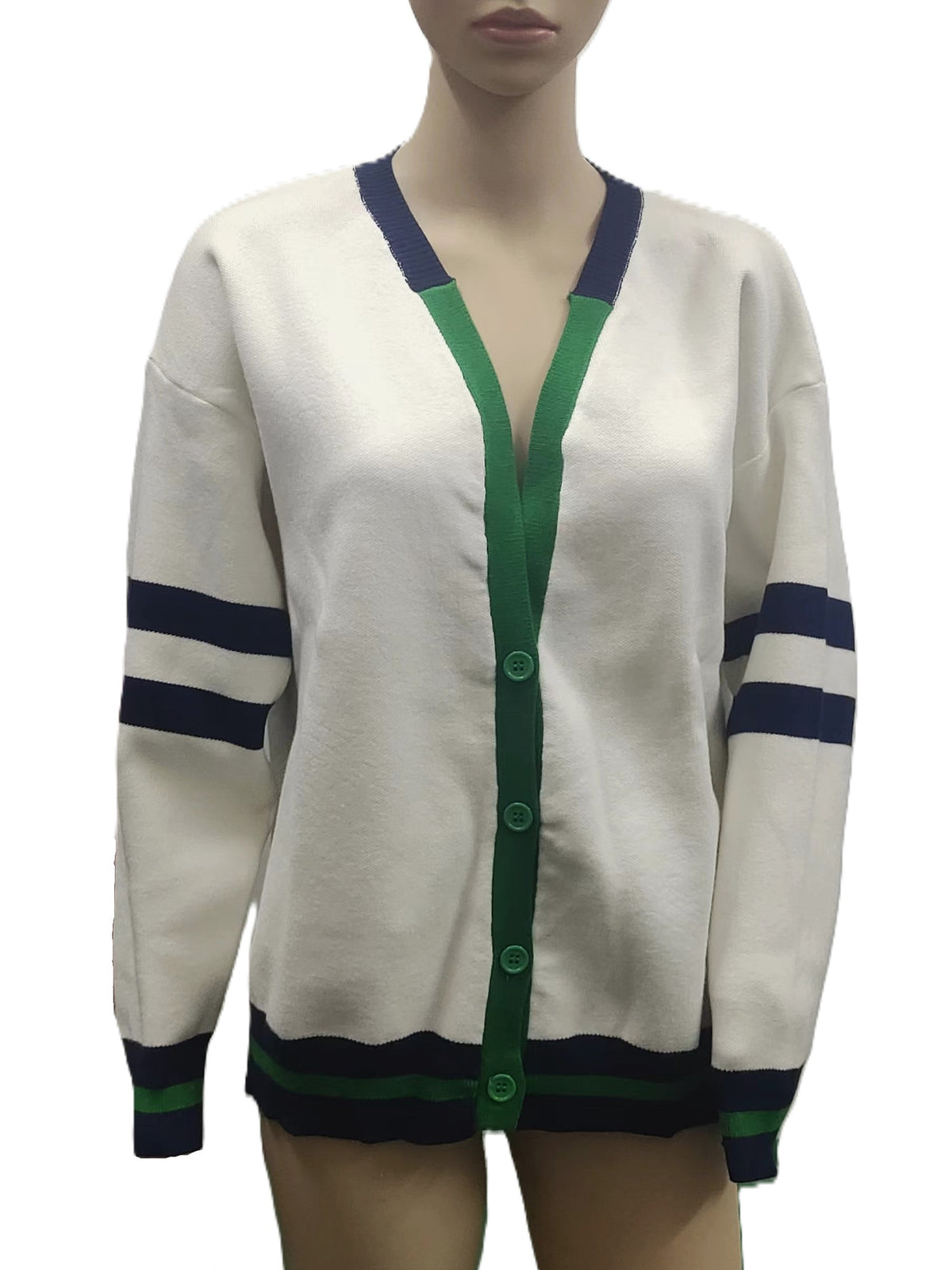 Varsity Stripe V Neck Knit Cardigan - Green - 1