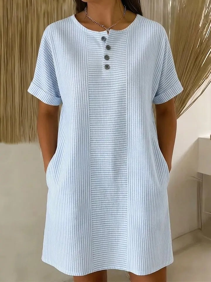Textured Stripe Henley Mini Dress With Pockets - Blue