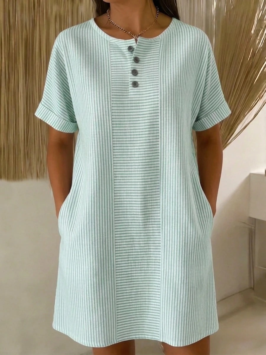 Textured Stripe Henley Mini Dress With Pockets - Green