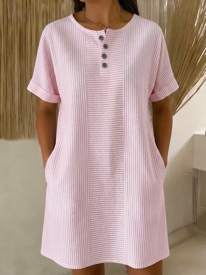 Textured Stripe Henley Mini Dress With Pockets - Pink