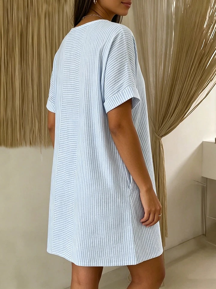 Textured Stripe Henley Mini Dress With Pockets