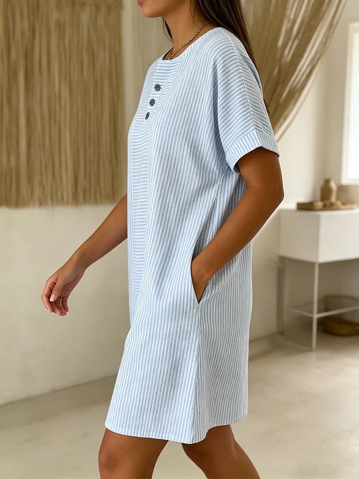 Textured Stripe Henley Mini Dress With Pockets - view 1