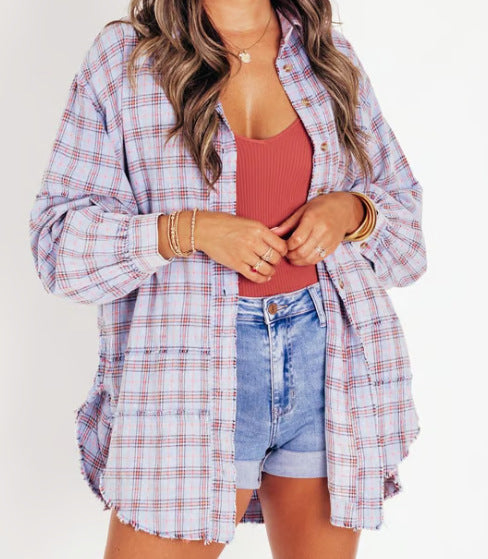 Longline Plaid Button Down Shacket - Purple