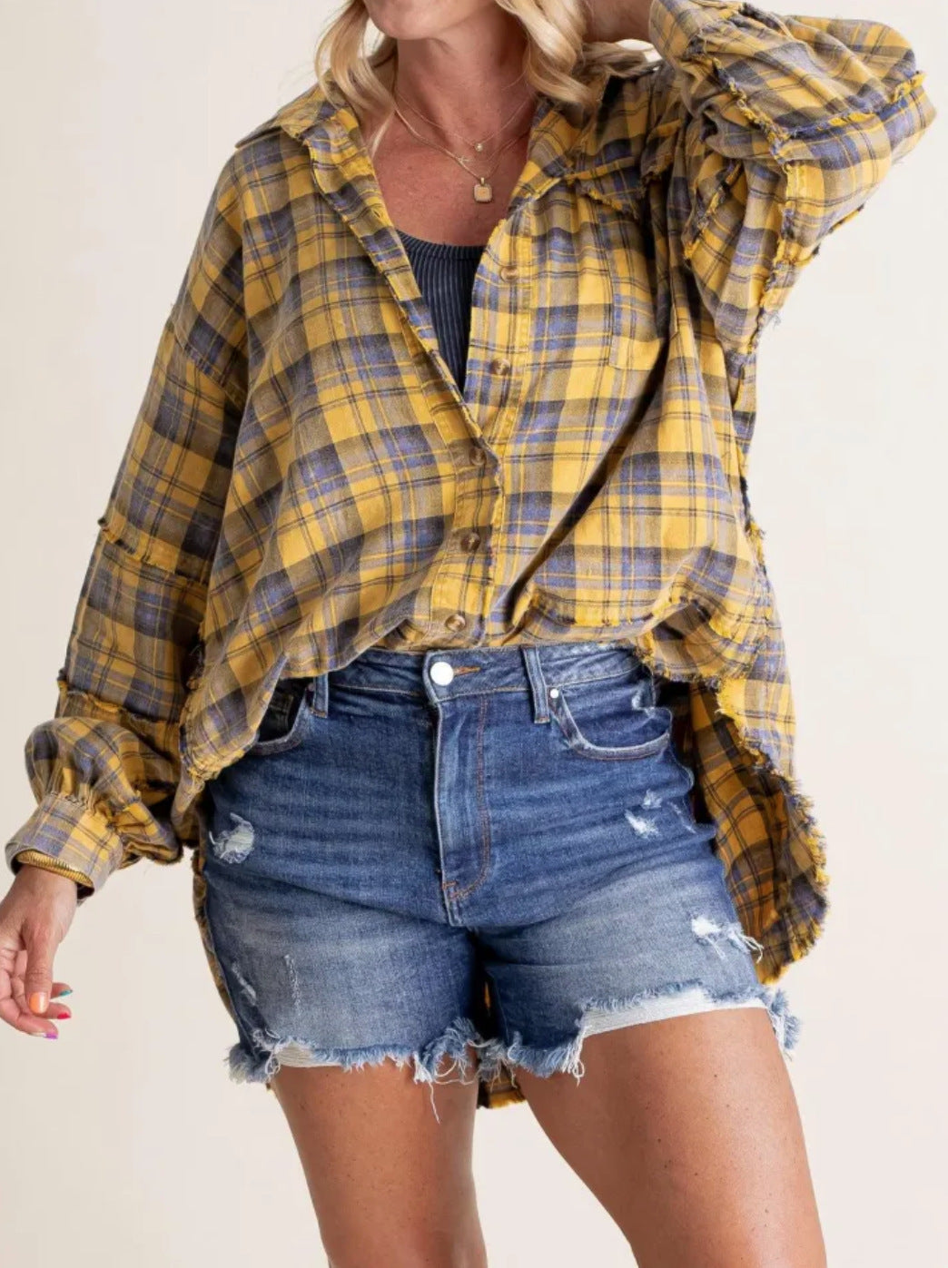 Longline Plaid Button Down Shacket - Yellow