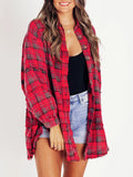 Longline Plaid Button Down Shacket - red