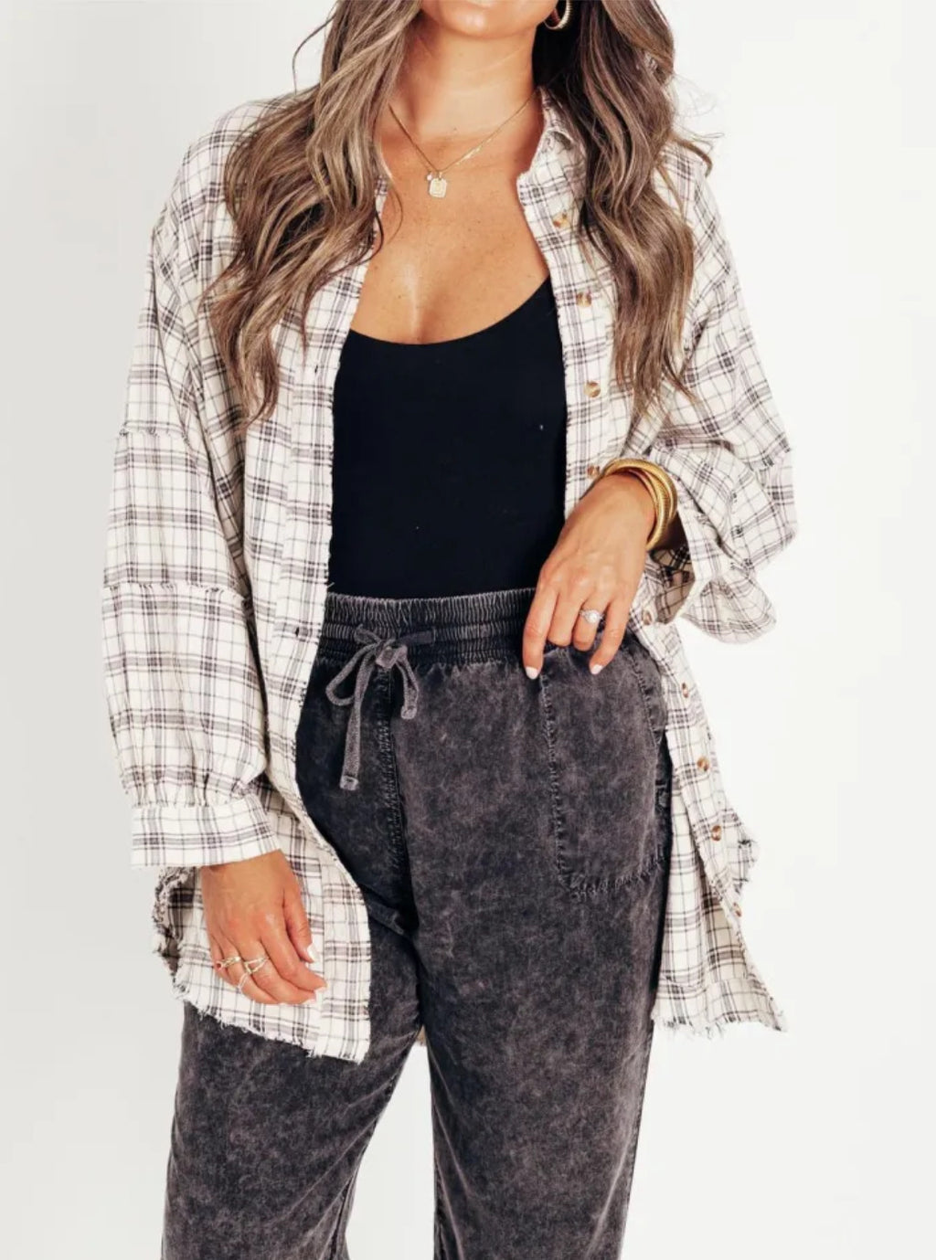 Longline Plaid Button Down Shacket - white
