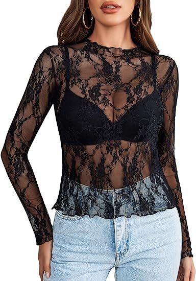 Mock Neck Floral Lace Mesh Top - Black