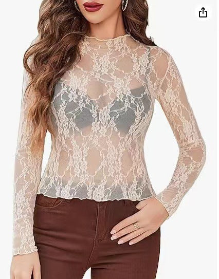 Mock Neck Floral Lace Mesh Top - Champagn