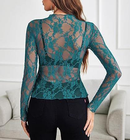 Mock Neck Floral Lace Mesh Top - Green - 1