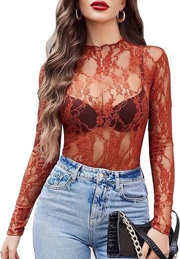 Mock Neck Floral Lace Mesh Top - Orange