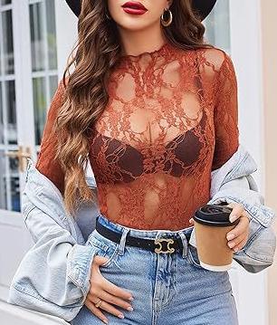 Mock Neck Floral Lace Mesh Top - Orange - 1