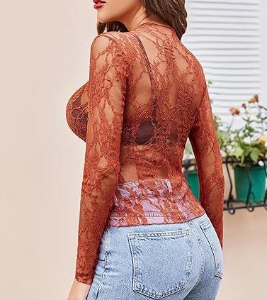 Mock Neck Floral Lace Mesh Top - Orange - 2