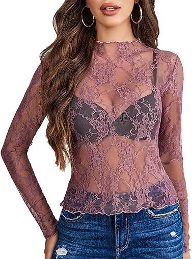 Mock Neck Floral Lace Mesh Top - Rouge - 1