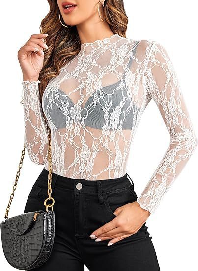 Mock Neck Floral Lace Mesh Top - White