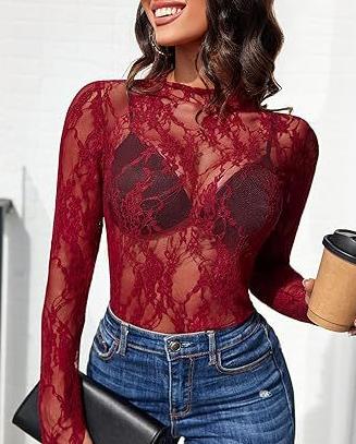 Mock Neck Floral Lace Mesh Top - Wine_red - 1
