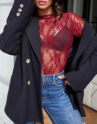 Mock Neck Floral Lace Mesh Top - Wine_red - 2