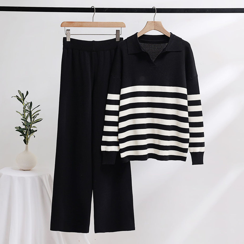 Striped Polo Collar Knit Sweater And Pant Set - Black