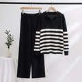Striped Polo Collar Knit Sweater And Pant Set - Black