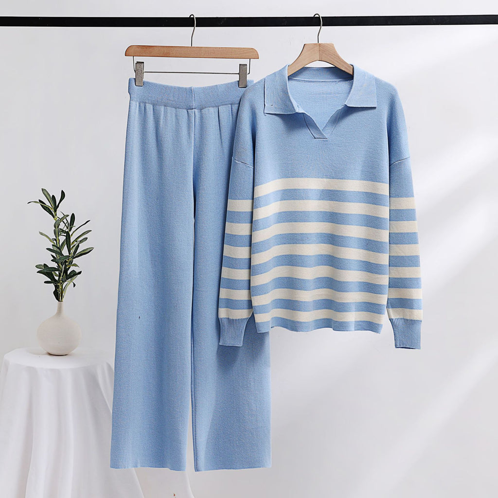 Striped Polo Collar Knit Sweater And Pant Set - Blue