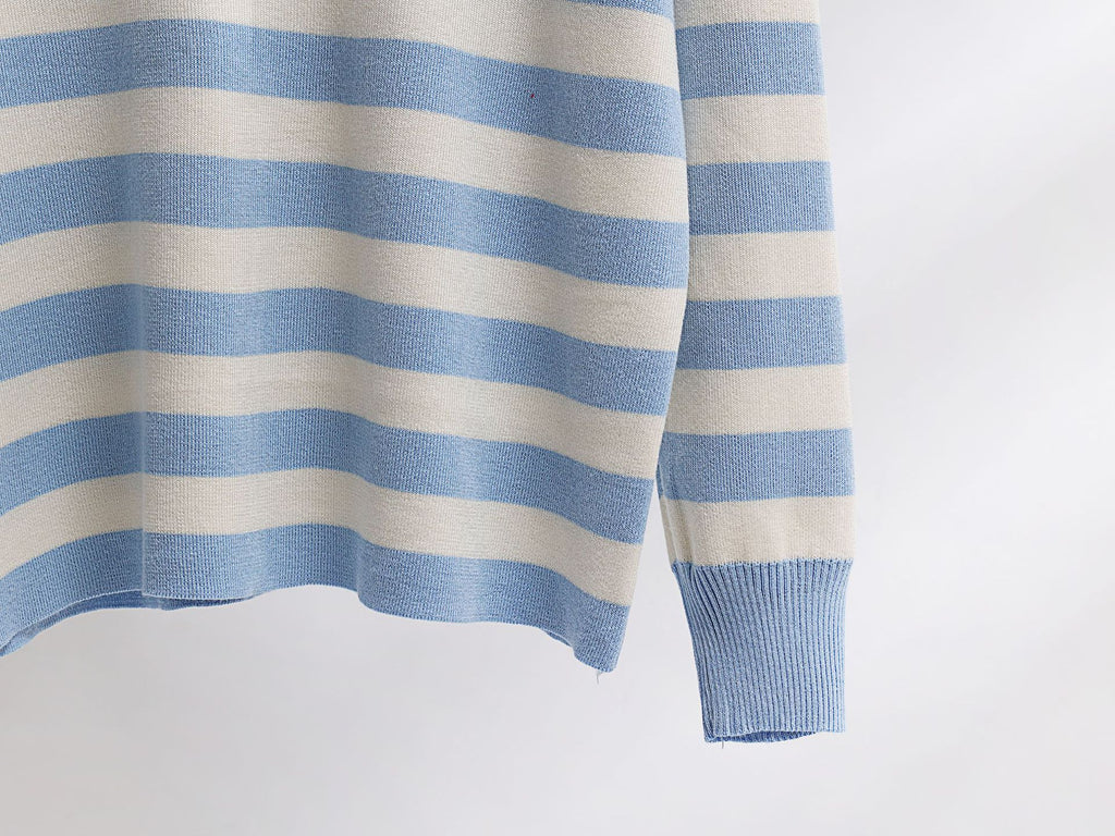 Striped Polo Collar Knit Sweater And Pant Set - Blue - 4