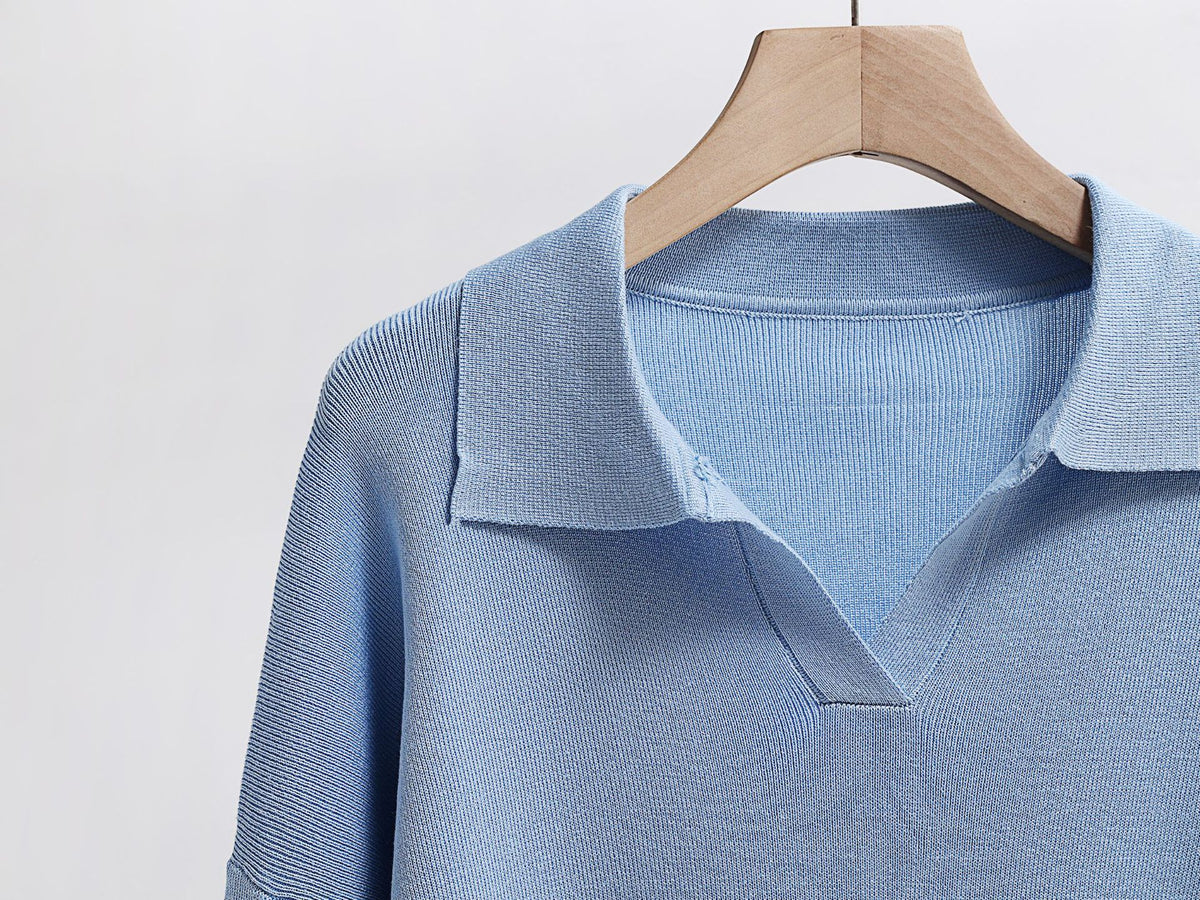 Striped Polo Collar Knit Sweater And Pant Set - Blue - 5
